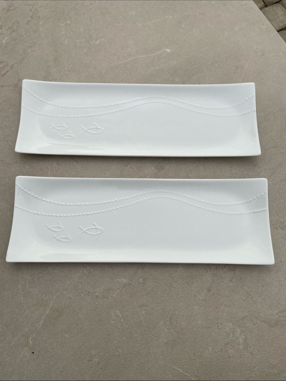 Set of 2 Crate & Barrel White, Embossed, Porcelain Sushi Trays - 16”